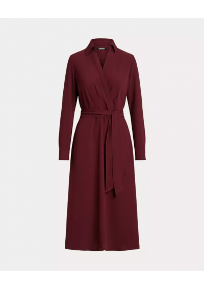 RALPH LAUREN Bordowa sukienka midi z długim rękawem