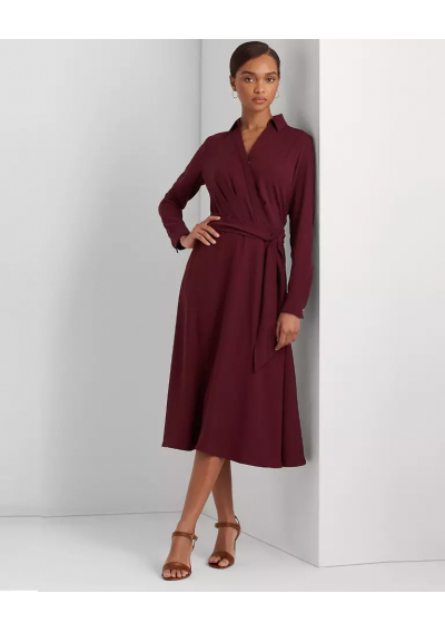 RALPH LAUREN Bordowa sukienka midi z długim rękawem