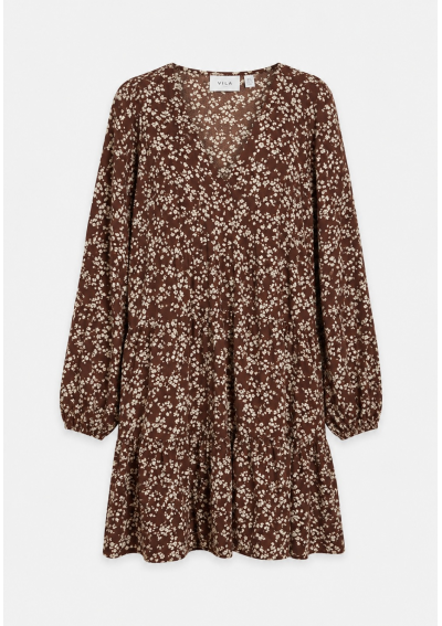Vila Sukienka damska VIJOS L/S VOLUME SLEEVE DRESS/ZL – brązowa w kwiatowy wzór