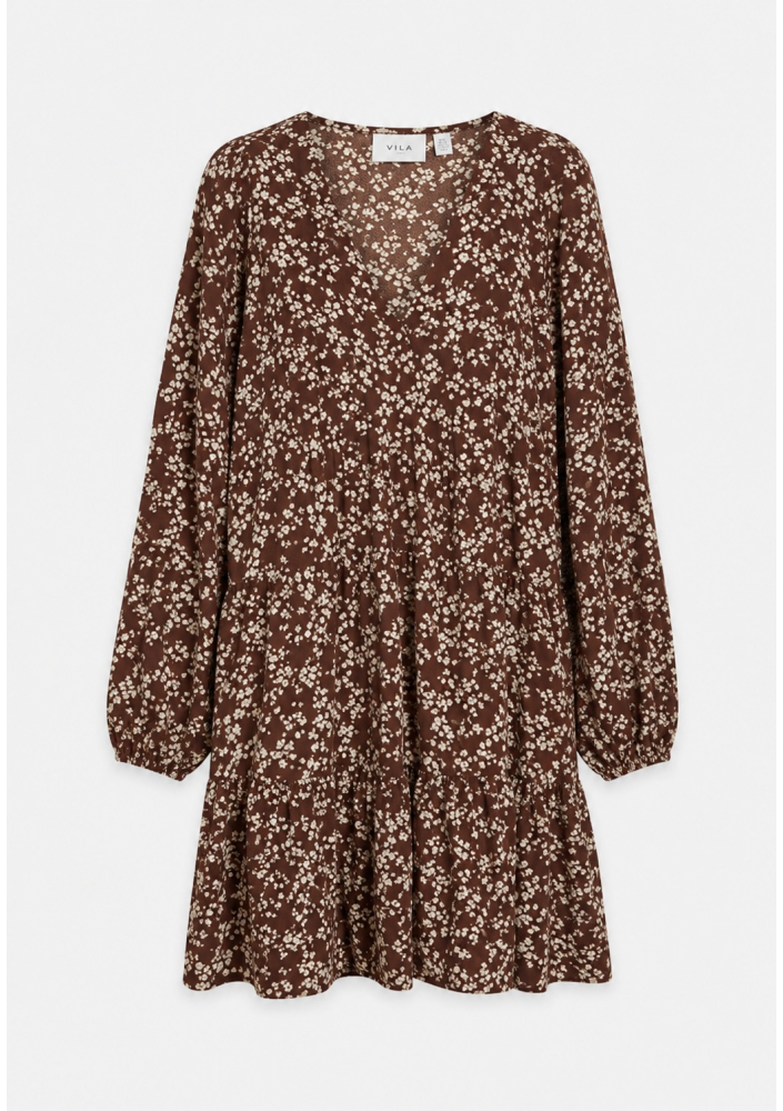 Vila Sukienka damska VIJOS L/S VOLUME SLEEVE DRESS/ZL – brązowa w kwiatowy wzór
