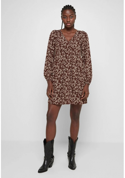 Vila Sukienka damska VIJOS L/S VOLUME SLEEVE DRESS/ZL – brązowa w kwiatowy wzór