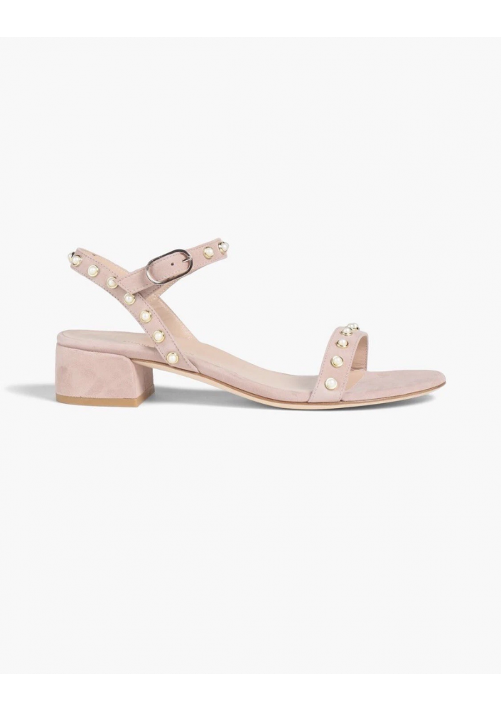 Stuart Weitzman Różowe sandały damskie na niskim obcasie z ozdobnymi perełkami
