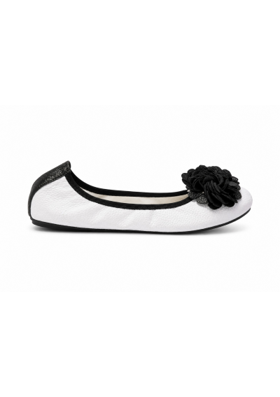 Baleriny damskie z ozdobnym kwiatem – biało-czarne