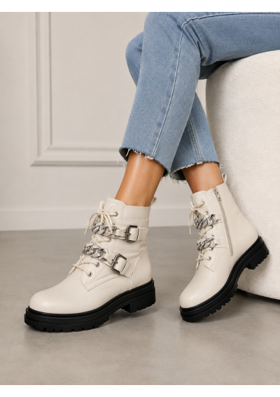 Damskie workery na grubej podeszwie z łańcuchem – beżowe / ecru