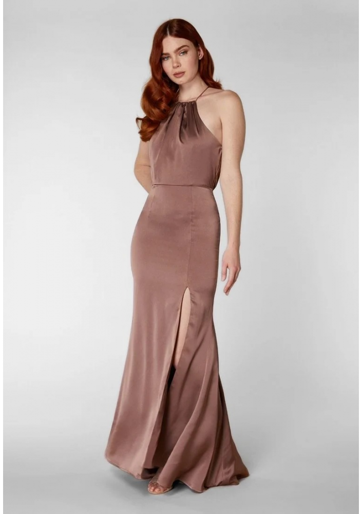 JARLO Elegancka Satynowa Suknia Maxi z Dekoltem Halter i Rozcięciem