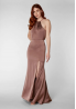 JARLO Elegancka Satynowa Suknia Maxi z Dekoltem Halter i Rozcięciem
