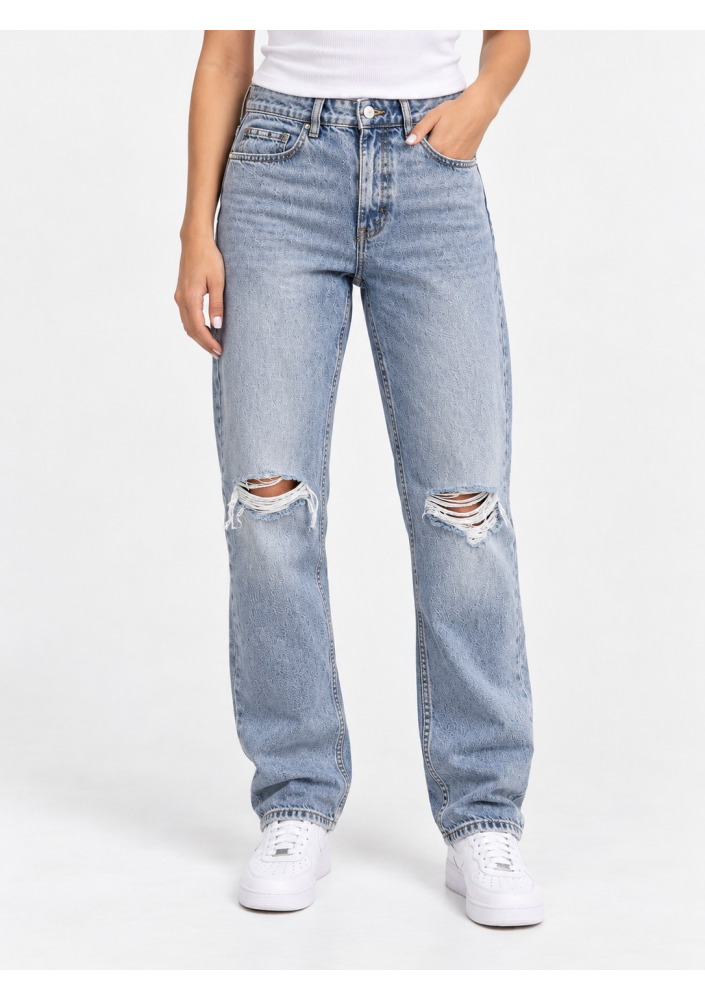 H&M Stylowe Jeansy z Wysokim Stanem i Przetarciami na Kolanach